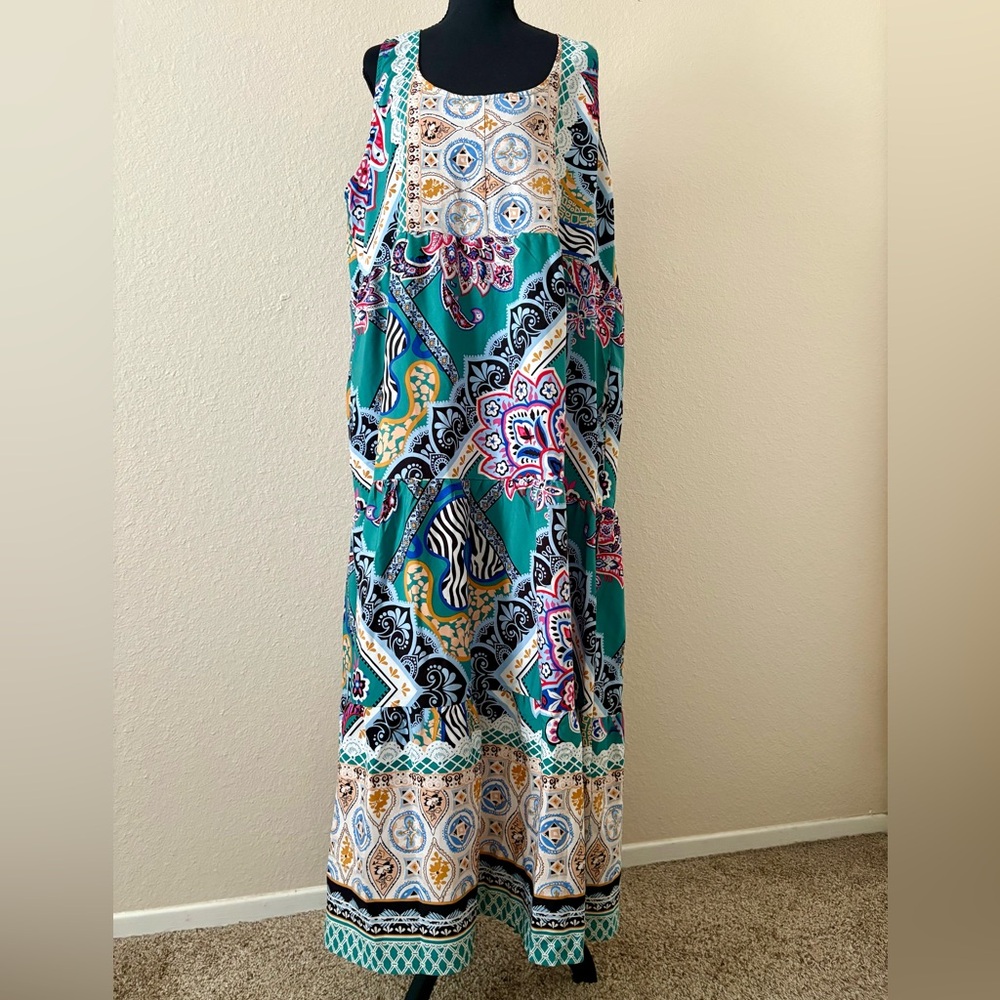 Suzanne Betro Tiered Maxi Dress 1X Sleeveless Floral Boho Artsy Patchwork